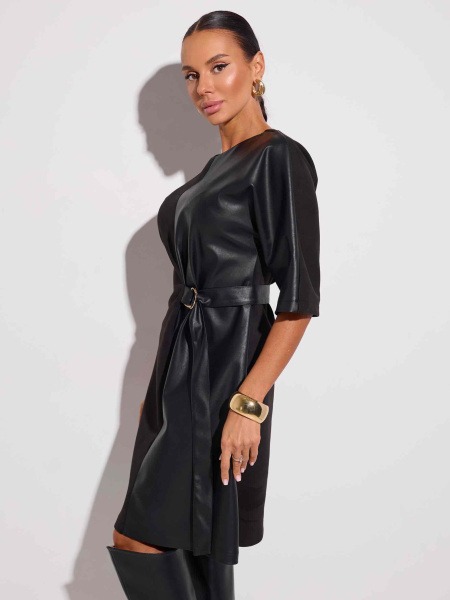 Платье комбинированное из экокожи и экозамши, черное