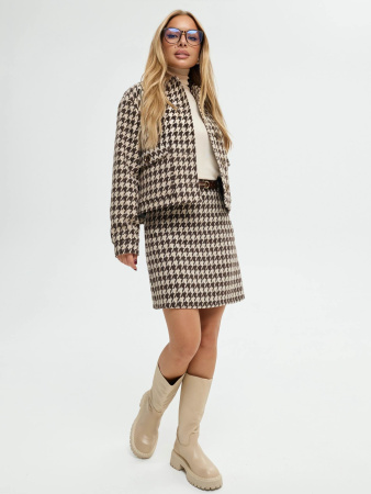 Костюм из твида «гусиная лапка» с юбкой, коричнево-бежевый