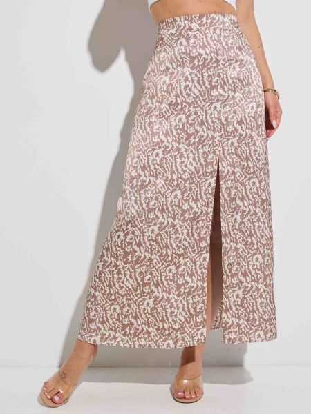 Юбка-макси атласная с разрезом, бежево-коричневая