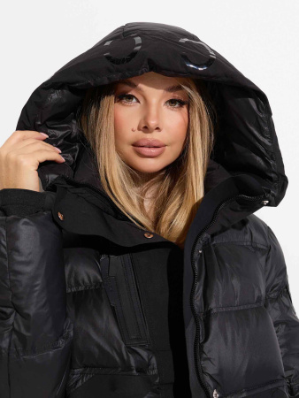 Женский пуховик с капюшоном, черное золото