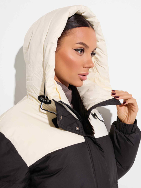 Женский длинный пуховик с капюшоном, черно-белый