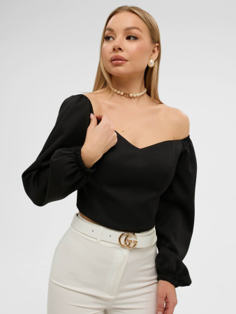 Женский приталенный топ с объемными рукавами, черный