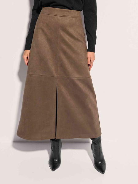 Юбка-трапеция из экозамши с разрезом, оливковая