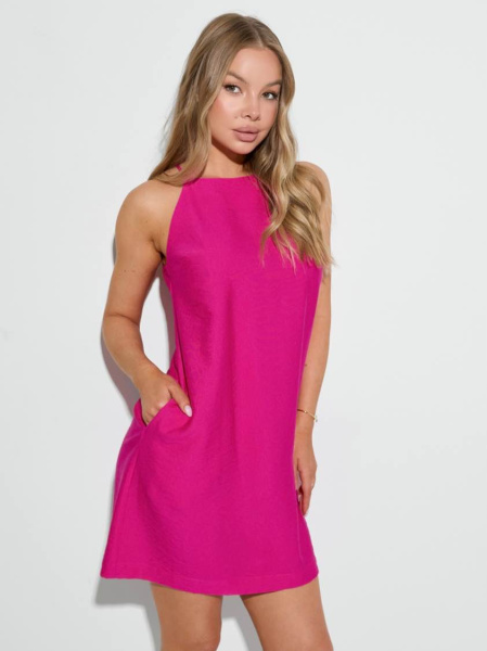 Платье мини летнее на бретельках, фуксия