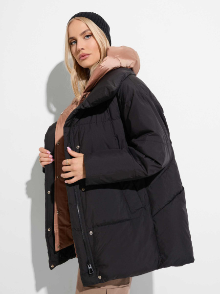 Зимний пуховик с капюшоном комбинированный, черный и светло-коричневый