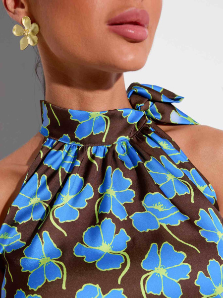 Блузка атласная без рукавов, шоколадно-голубая