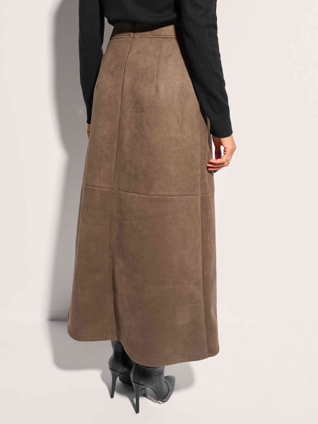 Юбка-трапеция из экозамши с разрезом, оливковая