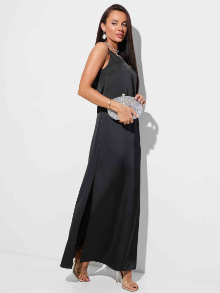 Платье атласное макси на регулируемых бретельках, черное