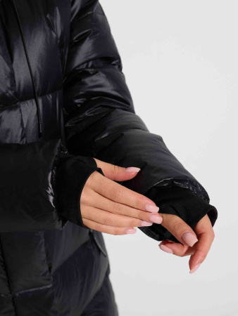 Женский пуховик с капюшоном удлиненный, черное золото