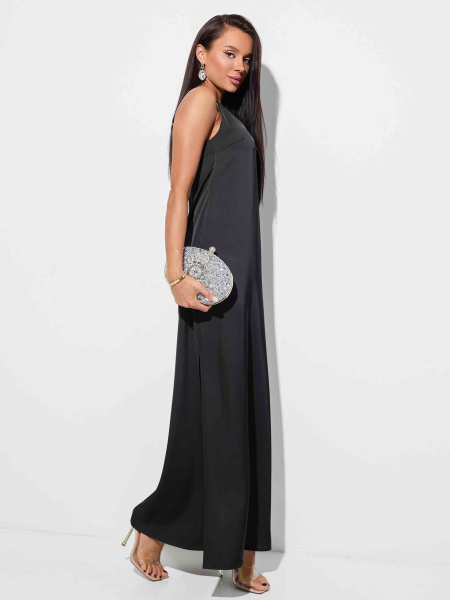 Платье атласное макси на регулируемых бретельках, черное