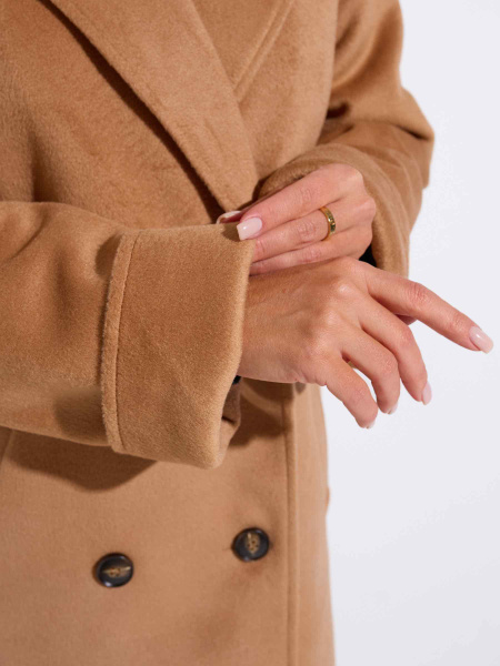 Двубортное женское пальто с поясом, кэмел