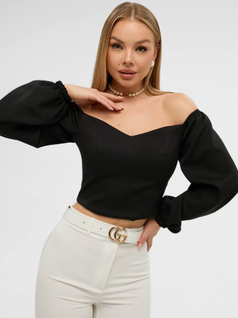 Женский приталенный топ с объемными рукавами, черный