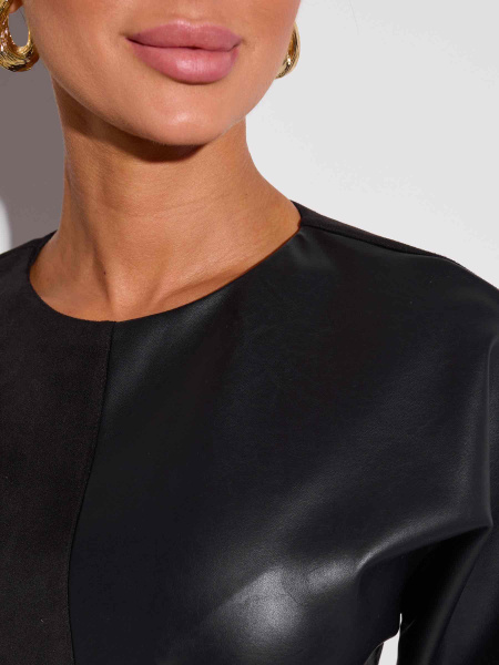 Платье комбинированное из экокожи и экозамши, черное