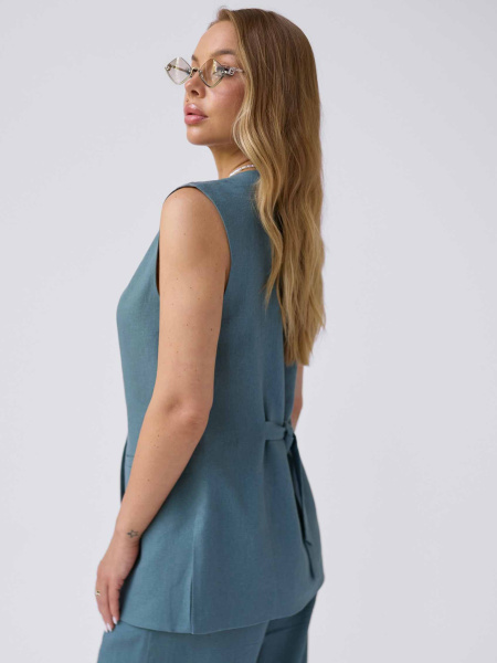 Удлиненный льняной жилет, серо-зеленый