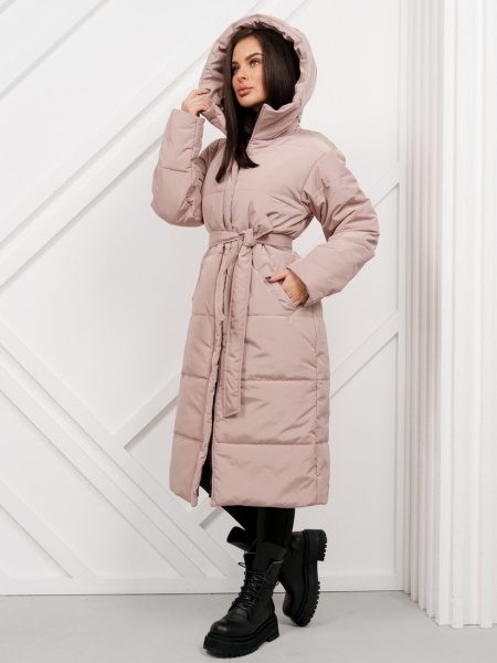 Пальто женское зимнее с капюшоном, бежево-розовое