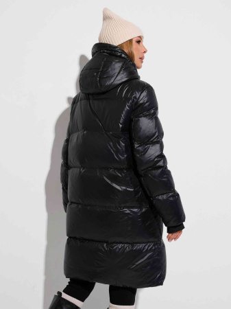 Женский пуховик с капюшоном удлиненный, черное золото