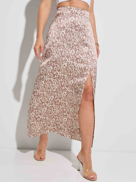 Юбка-макси атласная с разрезом, бежево-коричневая