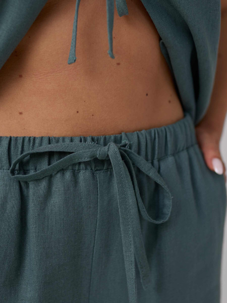 Льняные брюки-палаццо летние, серо-зеленые