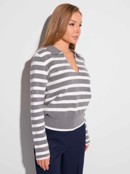 Джемпер в полоску с отложным воротником, серый с белым