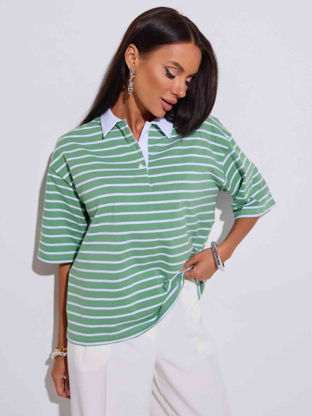 Футболка поло оверсайз в полоску, зелено-белая