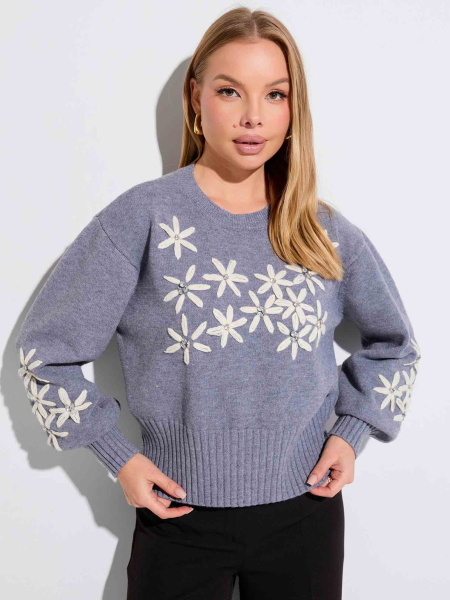 Свитер с белыми цветами, серый