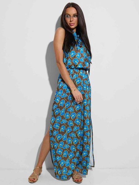 Платье макси летнее, шоколадно-голубое