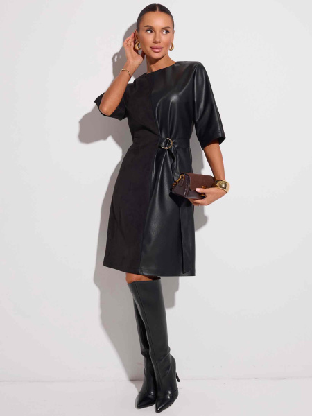 Платье комбинированное из экокожи и экозамши, черное