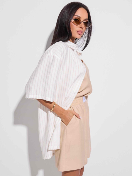 Рубашка в полоску с коротким рукавом, бело-бежевая