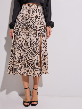 Юбка-миди с разрезом сбоку, бежево-черная зебра
