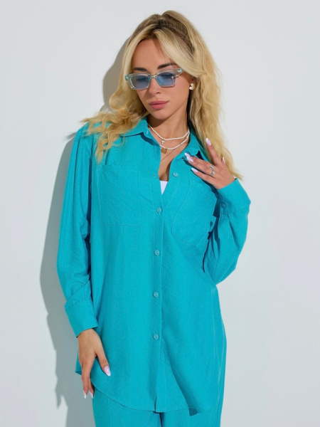 Рубашка женская с накладными карманами из вискозы, бирюзовая