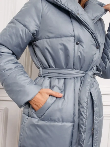 Пальто двубортное с капюшоном зимнее, серо-зеленое