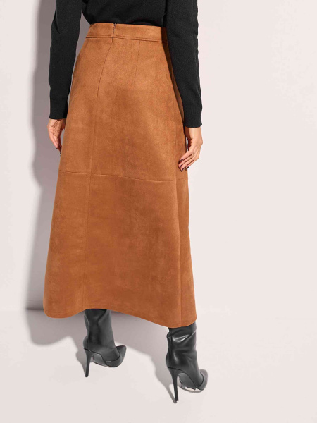 Юбка-трапеция из экозамши с разрезом, коричневая