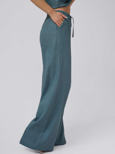 Льняные брюки-палаццо летние, серо-зеленые