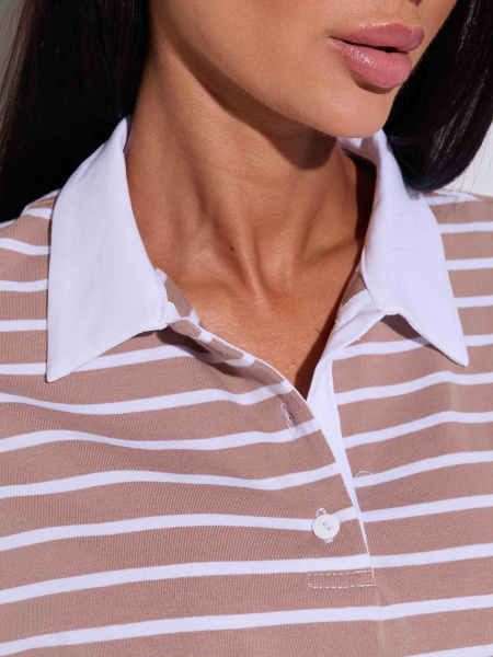Футболка поло оверсайз в полоску, бежево-белая