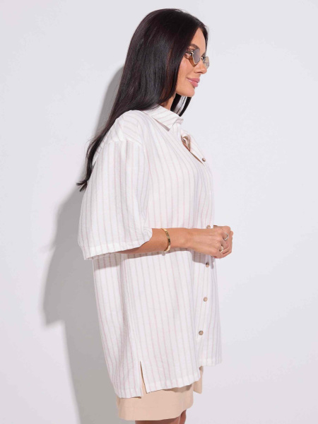 Рубашка в полоску с коротким рукавом, бело-бежевая