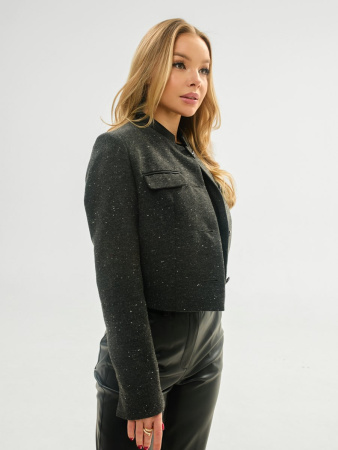 Жакет женский укороченный с отделкой из эко-кожи, темно-серый