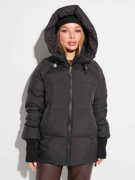 Зимний пуховик с капюшоном и высоким воротником, черный#1