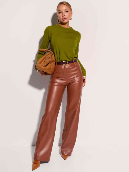 Женские брюки из эко-кожи прямого кроя, карамельные
