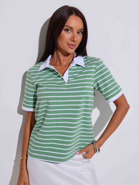 Футболка поло в полоску, зелено-белая