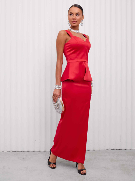 Юбка-макси атласная с разрезом, красная