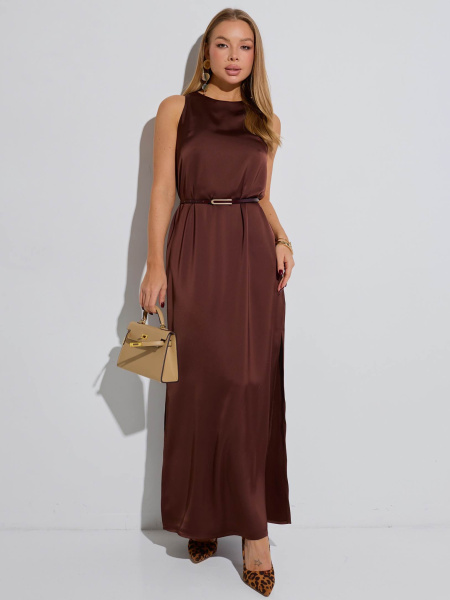 Платье атласное макси, горький шоколад 