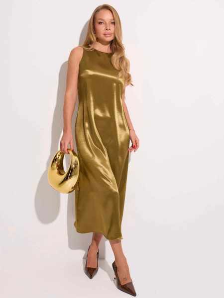 Атласное платье миди, оливковое