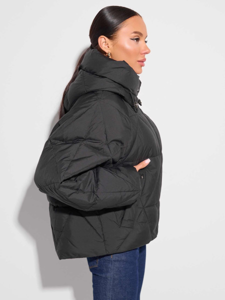 Зимний пуховик укороченный с капюшоном, черный#1