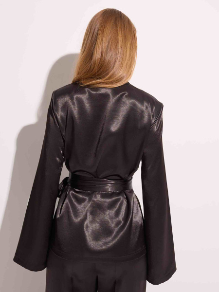 Атласный жакет с поясом в пижамном стиле, черный