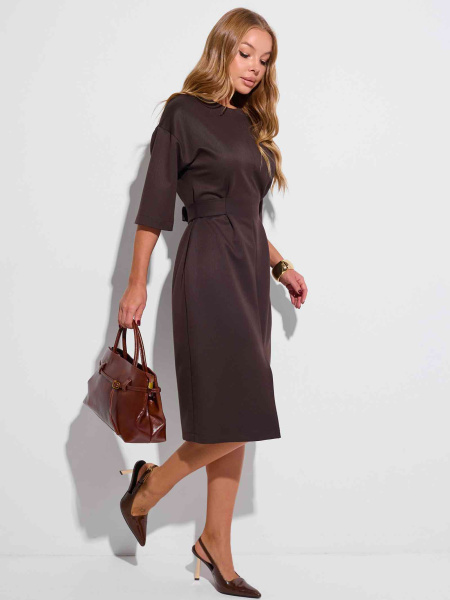 Платье женское с поясом и рукавом 3/4, горький шоколад 