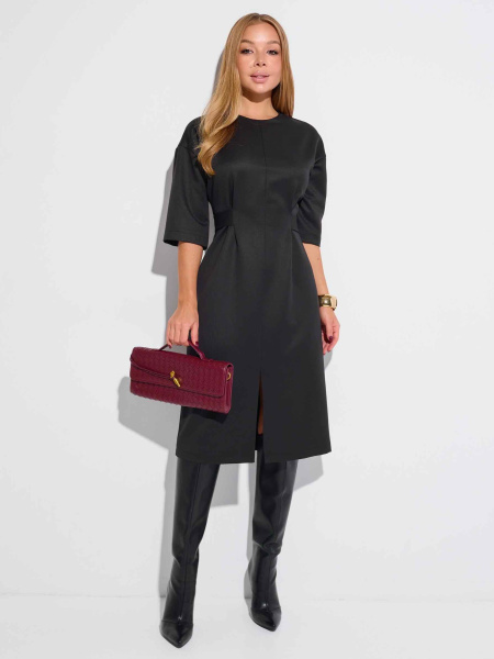 Платье женское с поясом и рукавом 3/4, черное 