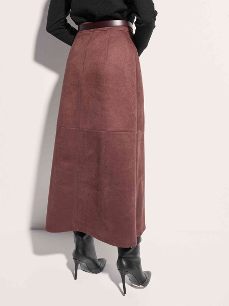 Юбка-трапеция из экозамши с разрезом, горький шоколад 
