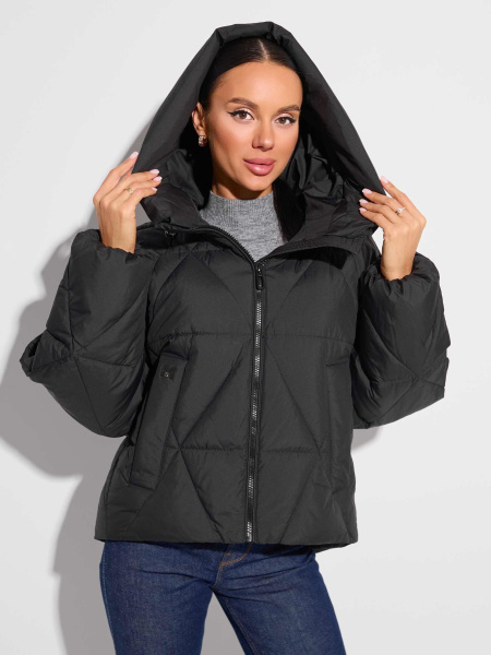 Зимний пуховик укороченный с капюшоном, черный#1