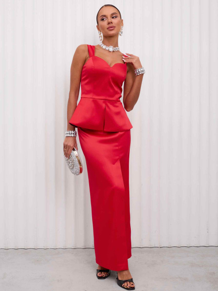 Юбка-макси атласная с разрезом, красная