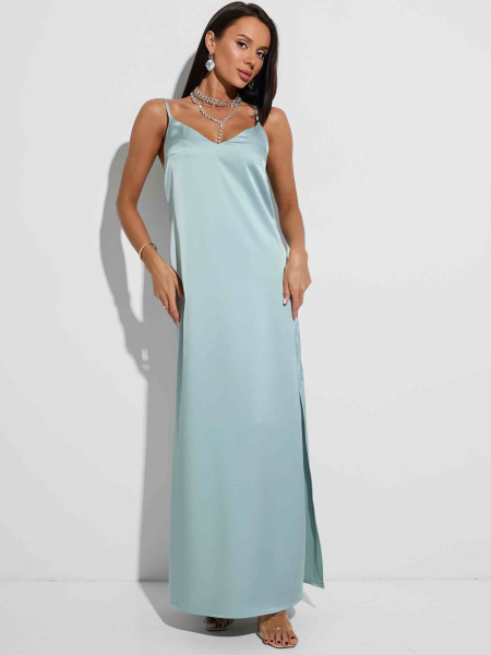 Платье атласное макси на регулируемых бретельках, оливковое